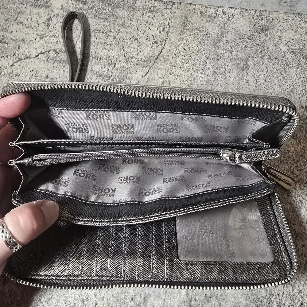 Michael Kors Metallic Zip Around Wallet Silver Mirror Metallic Good Condition
